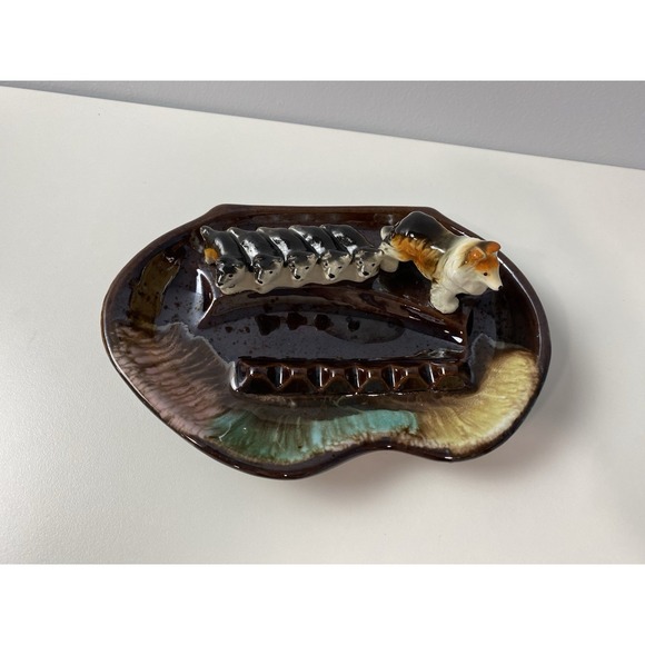Vintage‎ Royal Sealy Japan Border Collie & Puppies Ashtray Glazed Ceramic - Picture 2 of 10